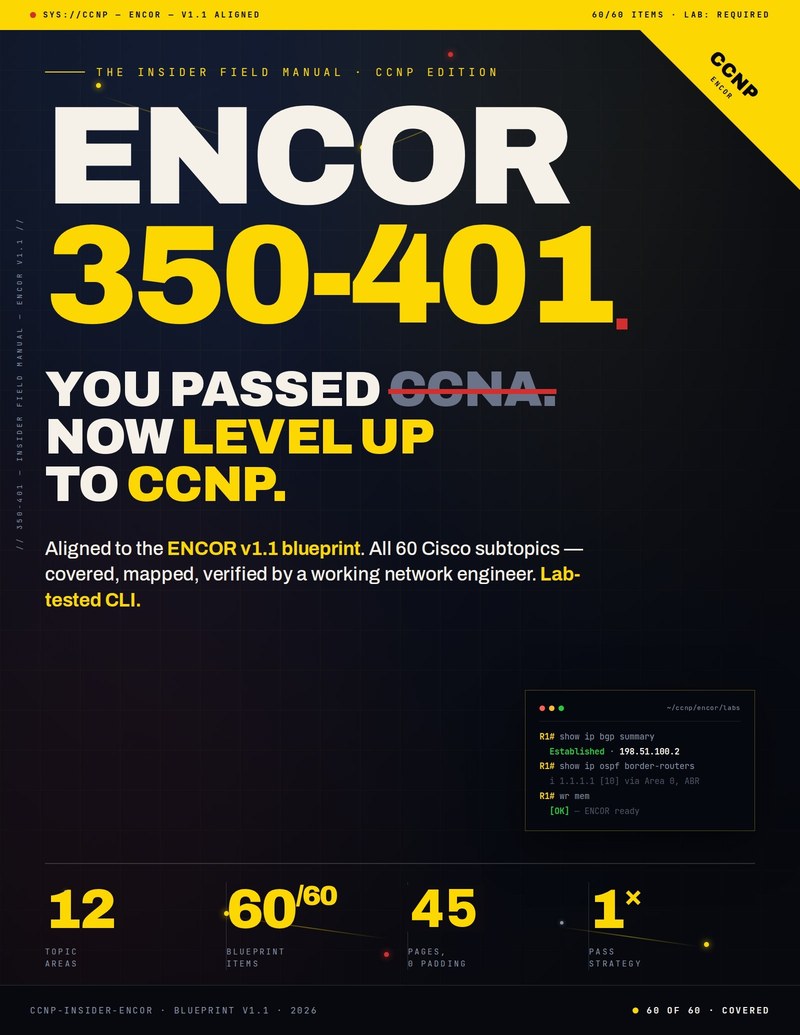 CCNP ENCOR 350-401 Insider's Field Manual cover — 45 pages, all 60 v1.1 blueprint subtopics covering SD-WAN, SD-Access, BGP, and wireless