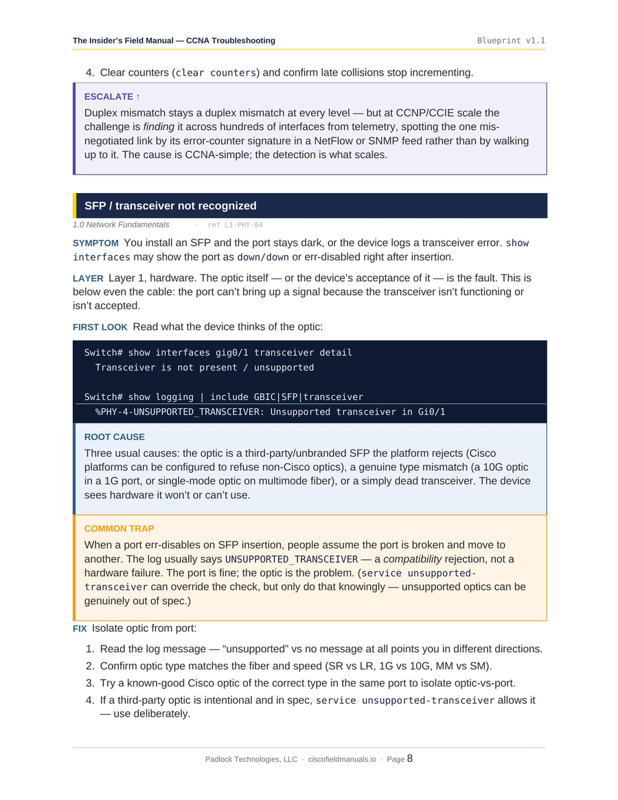 Representative CLI first-look page from the CCNA Troubleshooting Field Manual