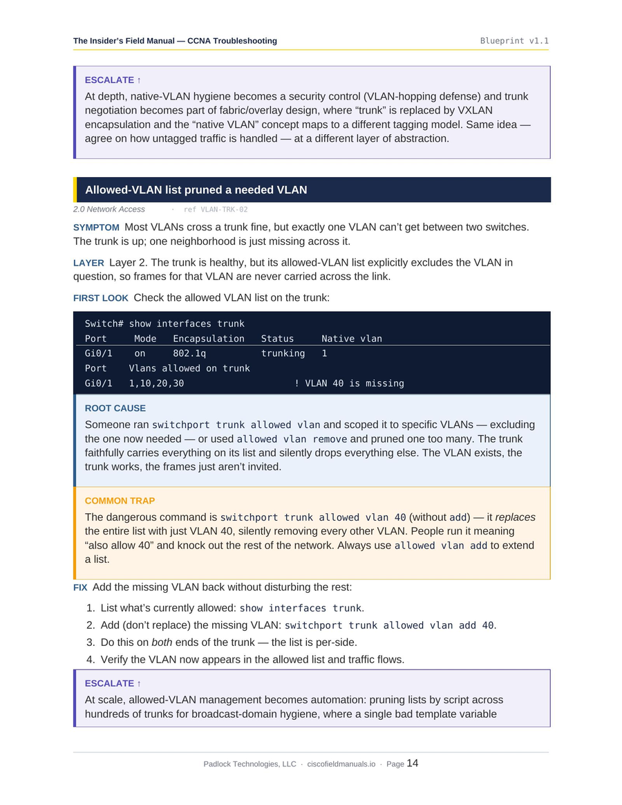 Common-trap callout page from the CCNA Troubleshooting Field Manual